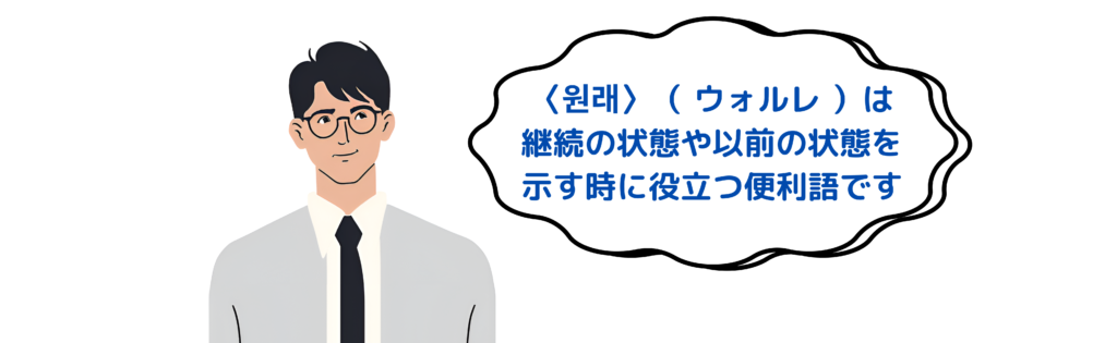 〈 원래 〉は継続の状態や以前の状態を示す際に役立つ言葉です